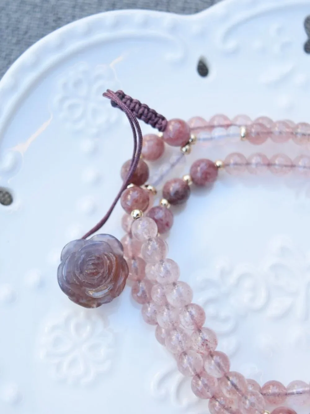 Peony Butterfly Pendant - Ocean Jasper - Strawberry Quartz Long Necklace